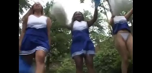  Plump brunette with round ass Laura Lai cheerleader rides thick cock outside